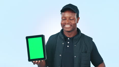 Happy-black-man,-tablet-and-pointing-to-green