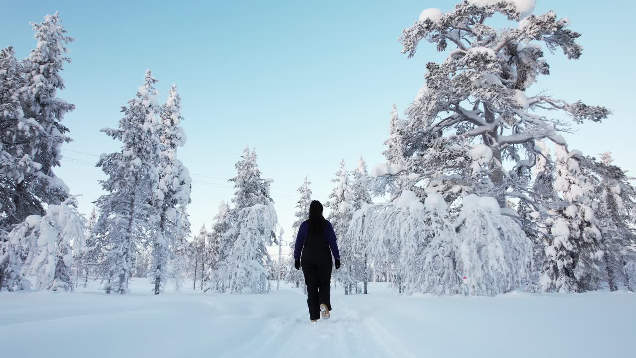 Pige går gennem sneklædt skovsti om vinteren, optaget med lav vinkel i Lapland, Finland, Arktisk Cirkel