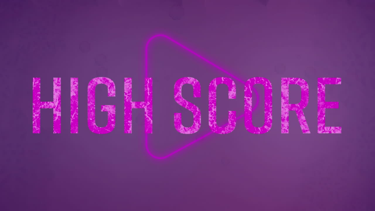 animación de banner de texto de alta puntuación sobre icono de juego de neón contra fondo púrpura