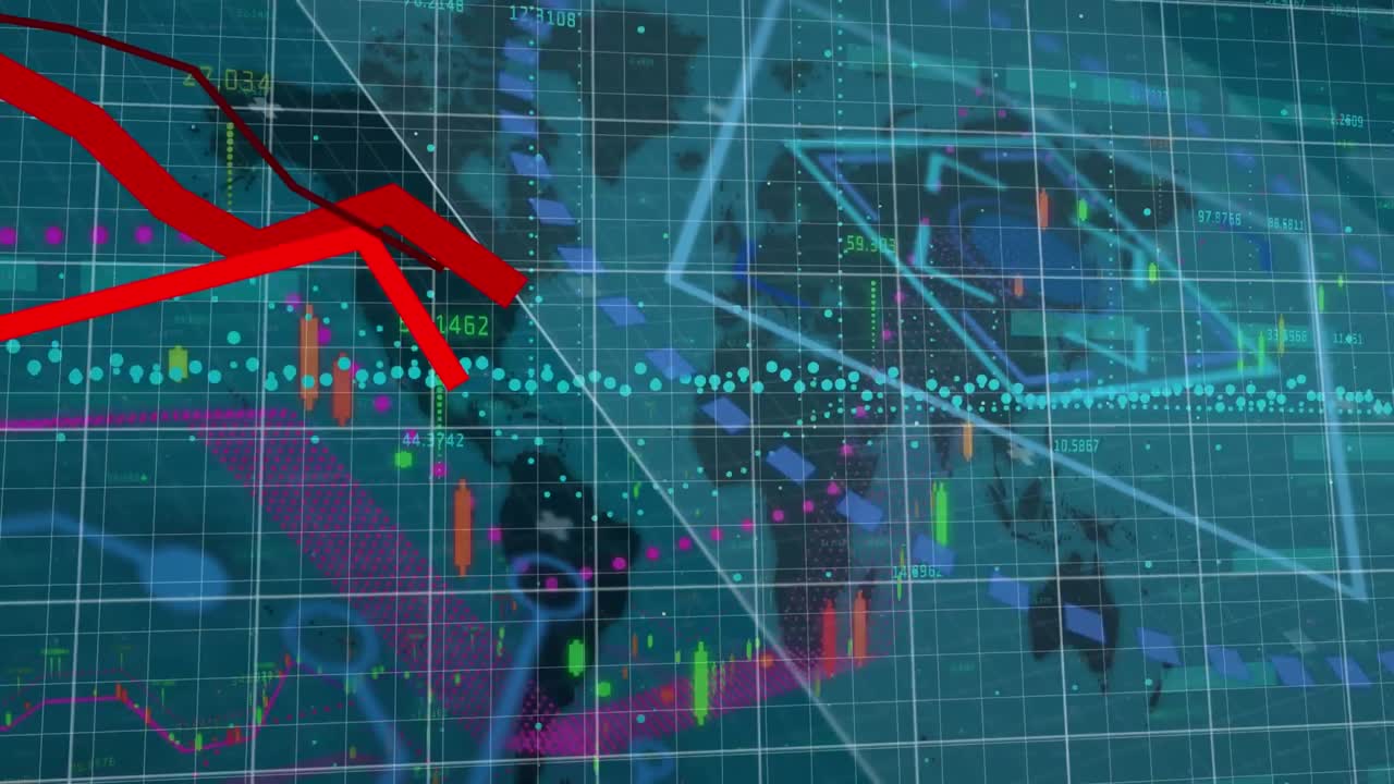 animación de líneas rojas y procesamiento de datos sobre el mapa y la cuadrícula del mundo