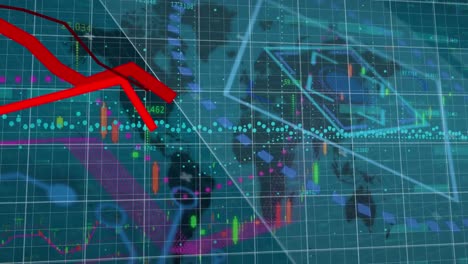 animation of red lines and data processing over world map and grid