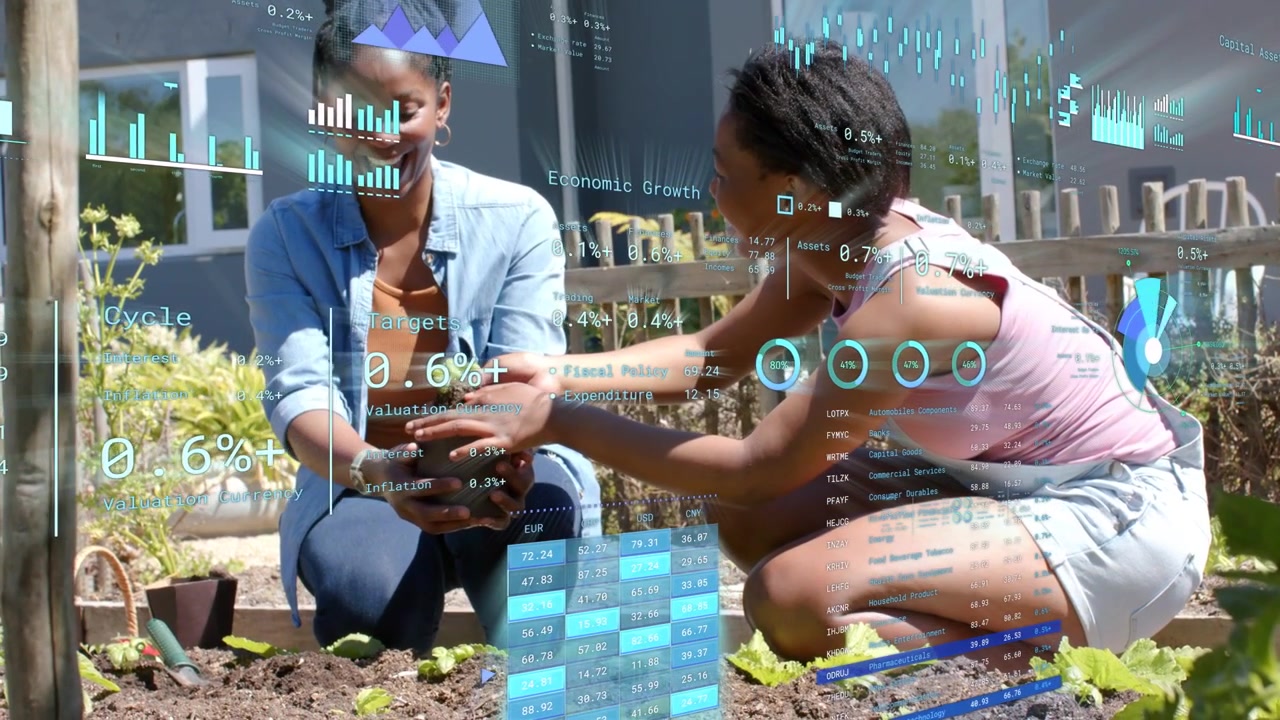 Adult woman handing seedling to youth female, initiating gardening education while HUD charts float