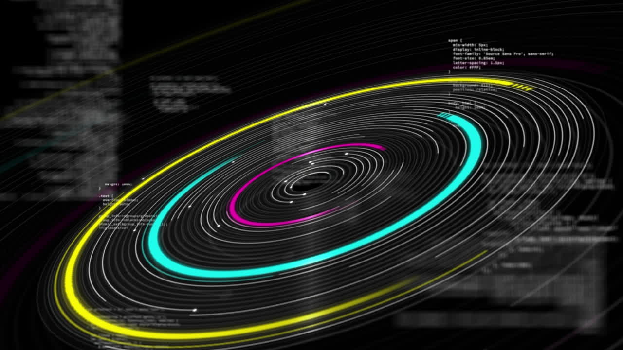 Animation of data processing and circles over black background