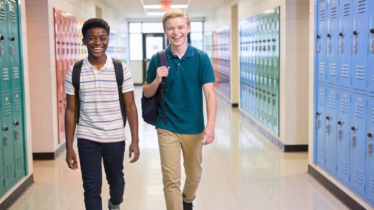 Walking two boys in polos talking, laughing at school between classes with backpacks by lockers