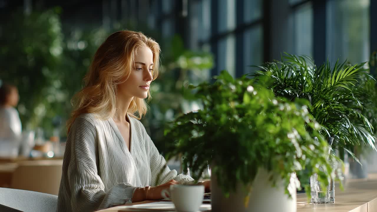 Serenity in Observation: A Beautiful Young Woman Reflecting in a Bright Cafe Surrounded by Lush Greenery Amidst a Calm Atmosphere of Natural Light and Relaxation
