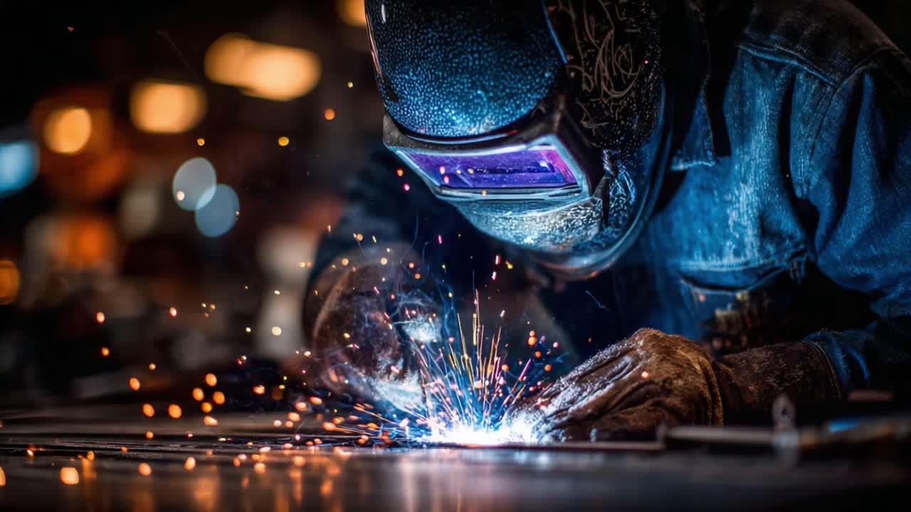 Masterful Craftsmanship in Welding: The Intense Focus and Skill of a Welder Creating Sparks and Light in an Industrial Workshop Setting