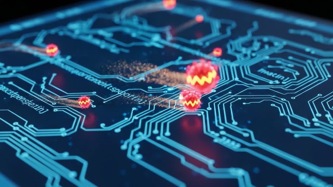 Dynamic Electronic Circuit Animation Featuring Glowing Particles and Vibrant Energy Waves Representing Modern Technology and Innovation