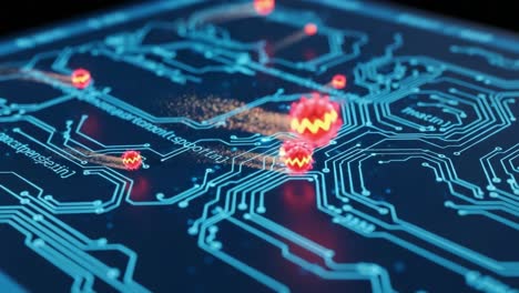 dynamic electronic circuit animation featuring glowing particles and vibrant energy waves representing modern technology and innovation