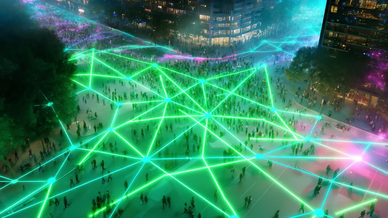 A Vibrant Urban Landscape Illuminated by Dazzling Light Patterns and Lively Crowds, Showcasing the Intersection of Technology and City Life during a Dynamic Evening Event with Stunning Visual Effects