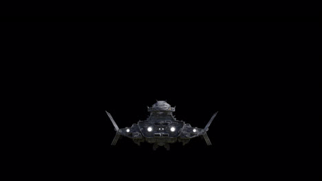 giant spaceship landing, back view, black background suitable for overlay with alpha channel matte blending option, seamless integration into various sci-fi concepts and scenes