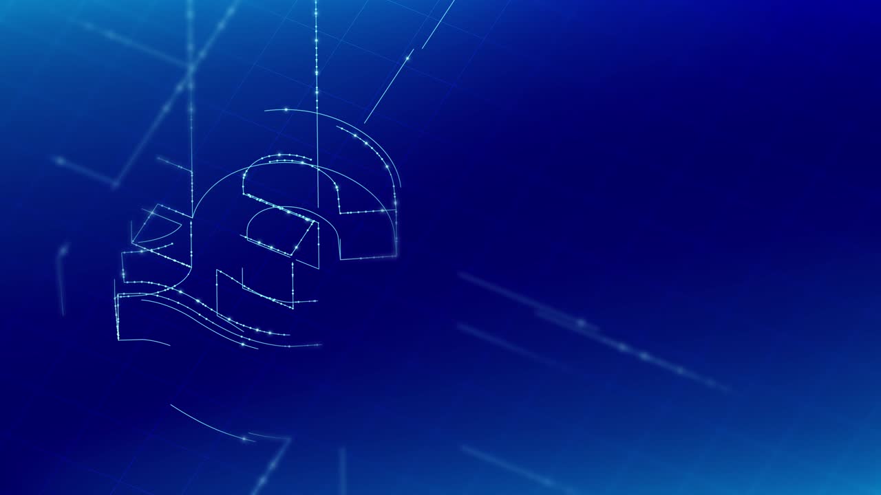moneda gbp (libra esterlina) símbolo isométrico línea de partículas iluminación estructura del marco patrón wireframe futurista, dinero digital concepto de criptomoneda en fondo azul animación 4k