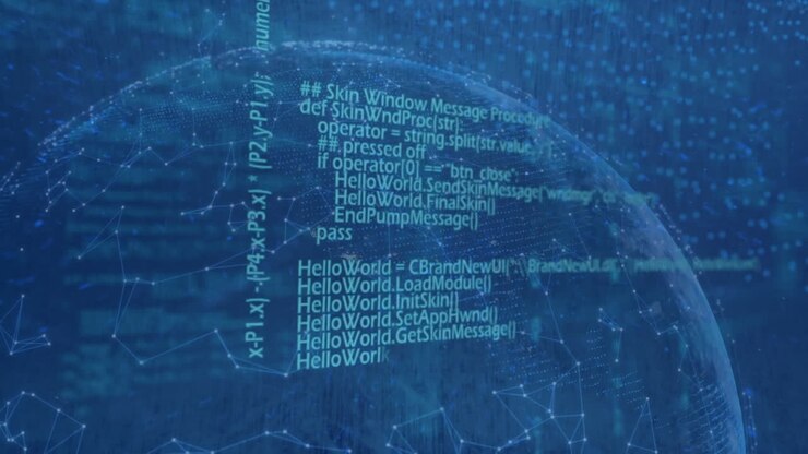 Animation of computer language and connected dots on rotating globe over abstract background