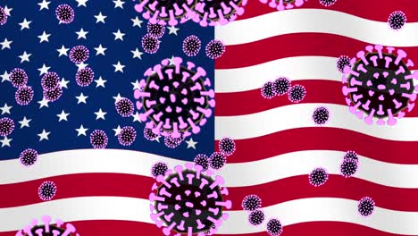 Animación-De-Los-Gérmenes-Del-Virus-Corona-En-La-Bandera-Americana-De-Estados-Unidos-En-Segundo-Plano