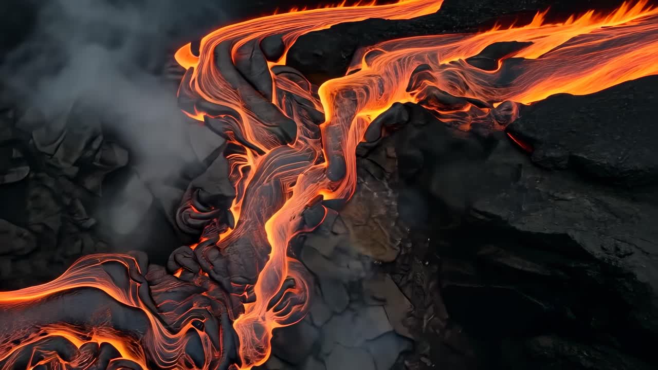 Vista aerea di lava incandescente con vivaci tonalità arancioni e nere, che creano un effetto dinamico e intenso