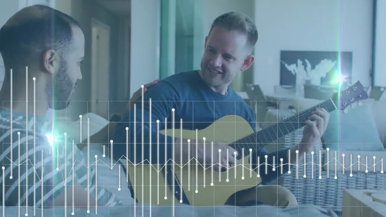 animación de líneas en movimiento y senderos de luz sobre una pareja de hombres diversos tocando la guitarra.