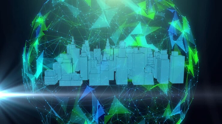 Animation of globe with networks of connections with 3d cityscape spinning