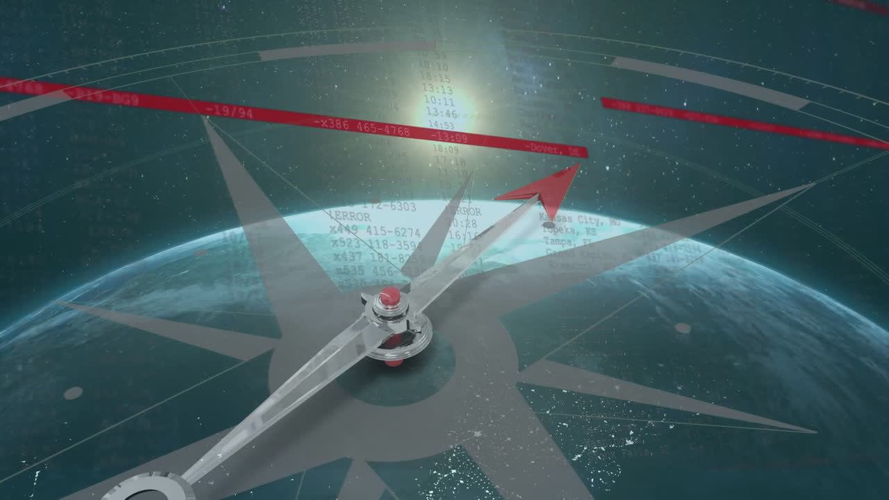 우주에서 회전하는 나침반과 함께 지구상에서 빠르게 움직이는 디지털 데이터와 인터페이스의 애니메이션