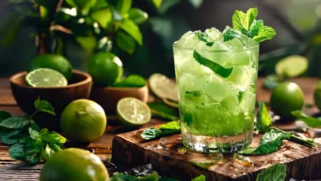 un verre de mojito avec de la glace et des feuilles de menthe sur une table en bois