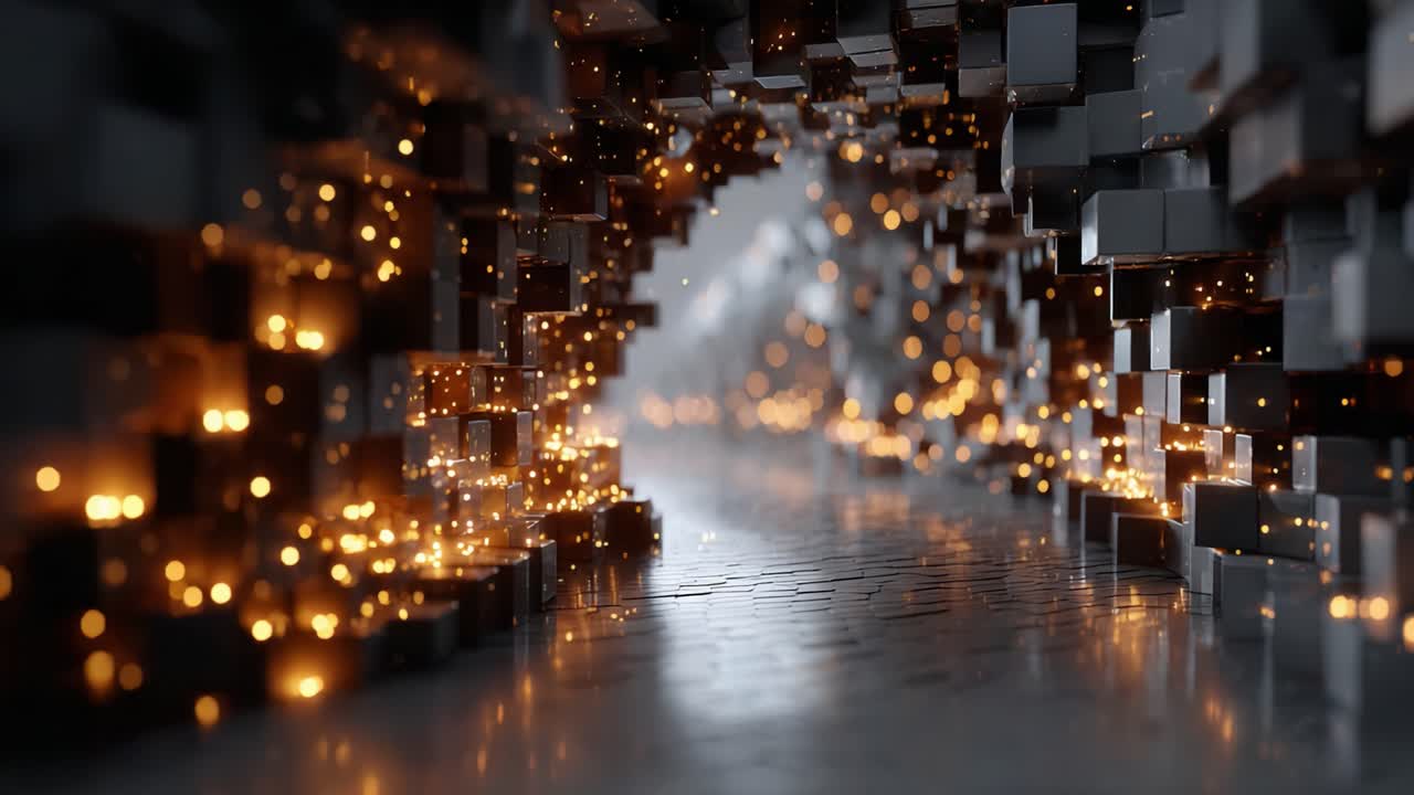 A Stunning Visual Journey Through Abstract Light and Structure, Featuring Intricate Patterns of Sparking Illumination Within a Darkened Tunnel Landscape