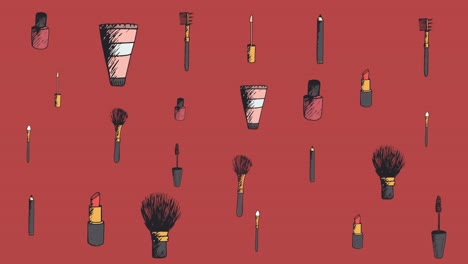 animación de accesorios de maquillaje sobre un fondo rojo