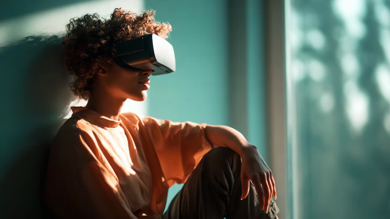 A Person Engrossed in a Virtual Reality Experience, Enjoying Immersive Technology with a VR Headset While Sitting Comfortably in a Serene Environment, Highlighting Modern Interaction with Digital Realms