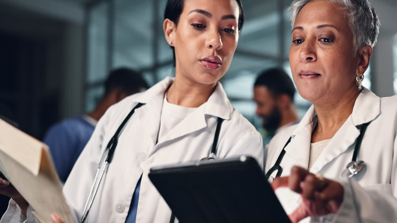 Doctor, women together and tablet in night