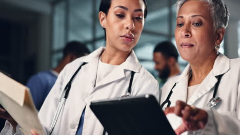 doctor, women together and tablet in night