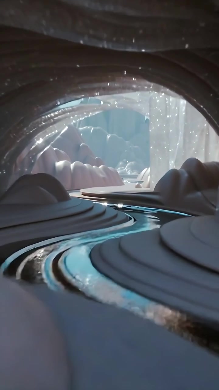 Vertical video: Gliding camera starting forward in cave, revealing arch and flowing column to exit