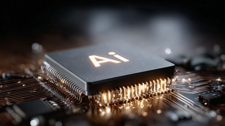 Close-Up View of an AI Processor Chip on a Circuit Board, Showing Intricate Details of Electrical Connections and Components in a High-Tech Environment
