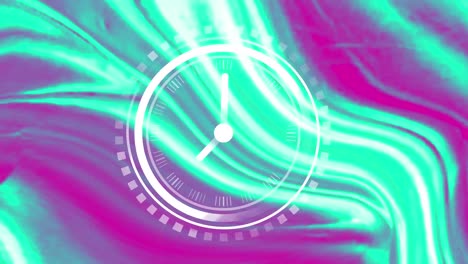 Animation-of-clock-over-green-and-pink-waves