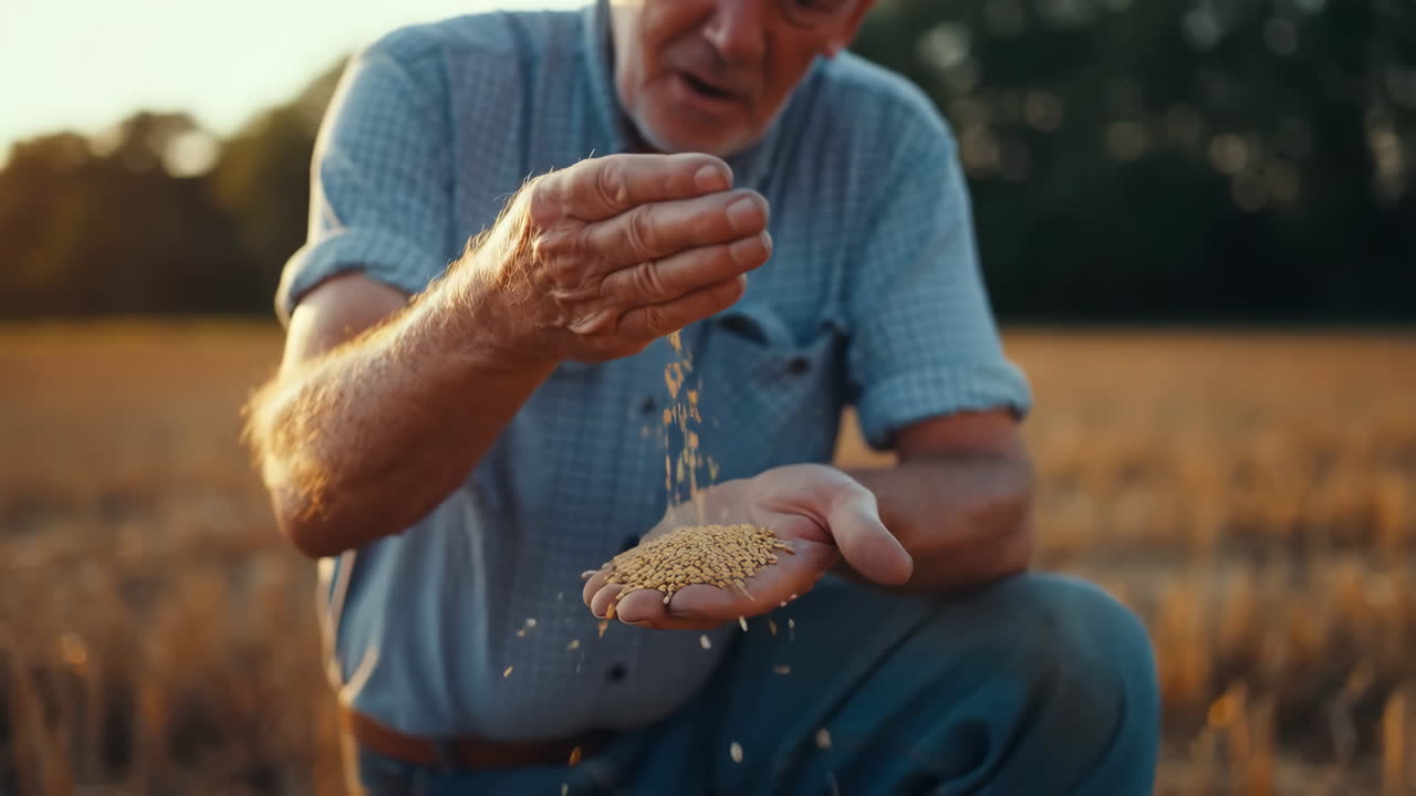 Farmer inspecting grains in hands at sunset