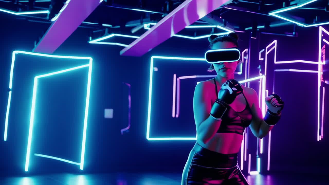 Woman Boxing in VR Metaverse with Neon Lights