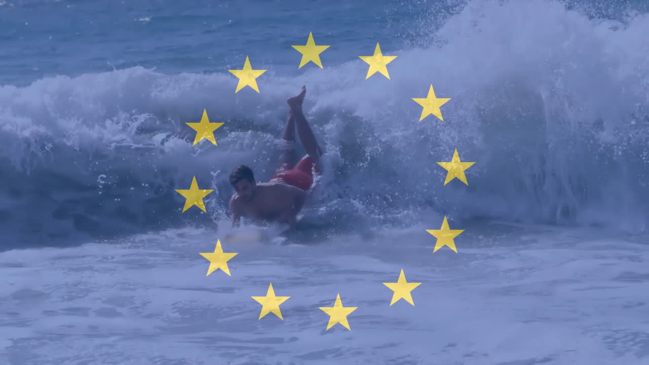 Surfer på bodyboard i lavvandet brænding, der viser et overlay af en EU-stjernering med målretningsteknologi