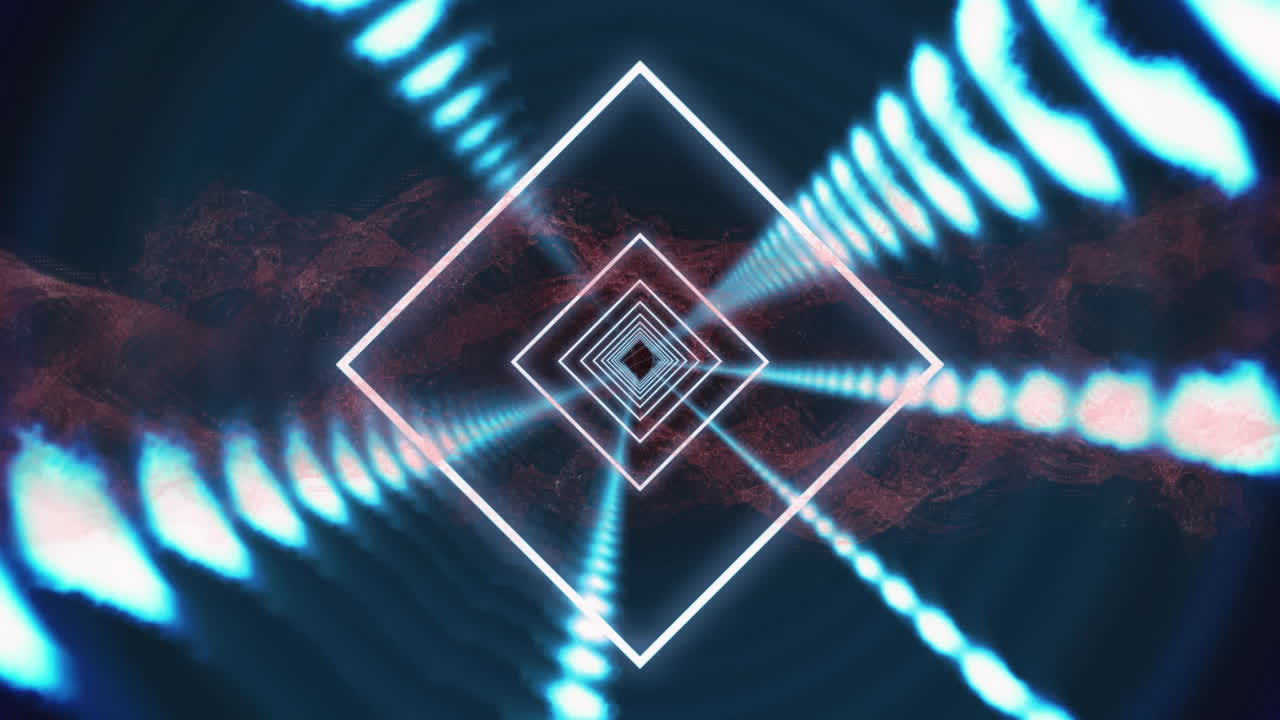 animación de cuadrados brillantes girando en un túnel de luces brillantes