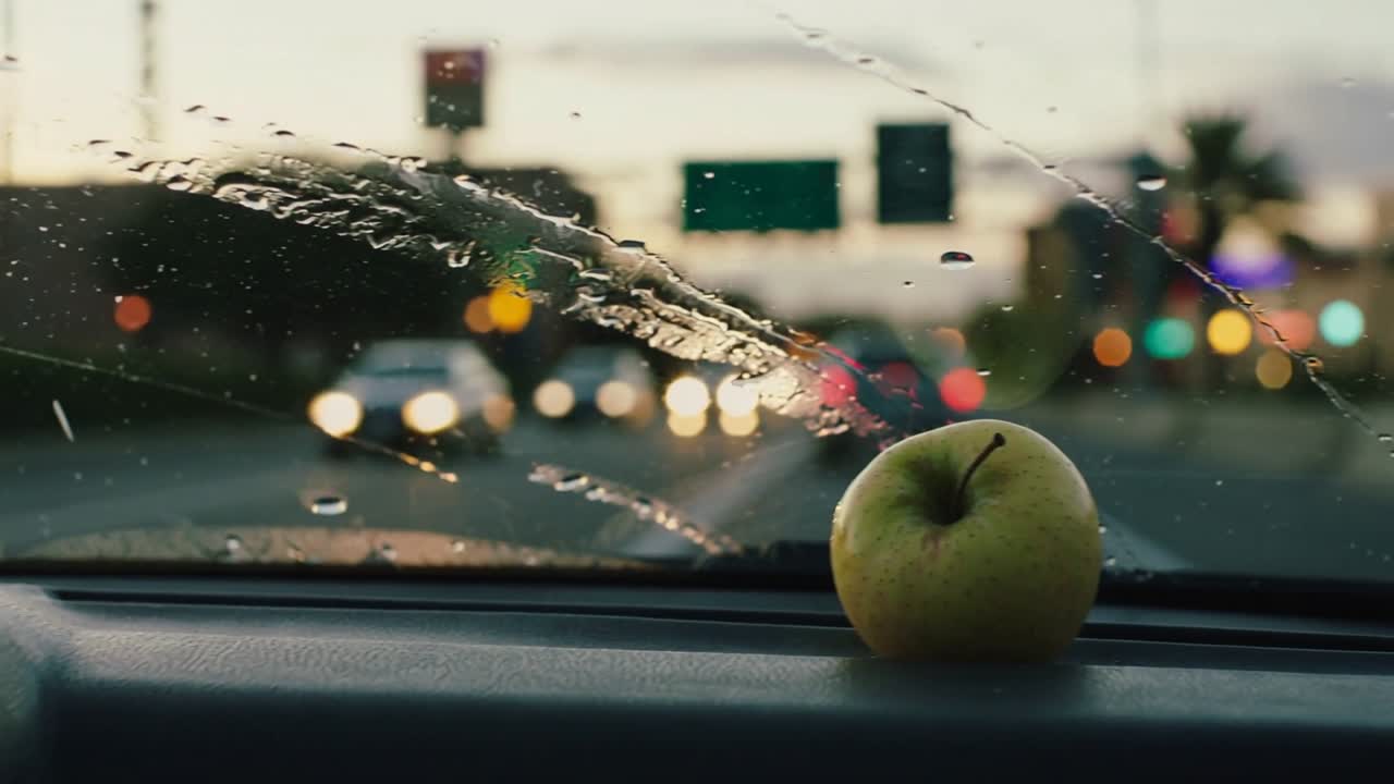 Windshield wiper sweeping, camera shifting focus, showing yellow-green apple on dashboard driving