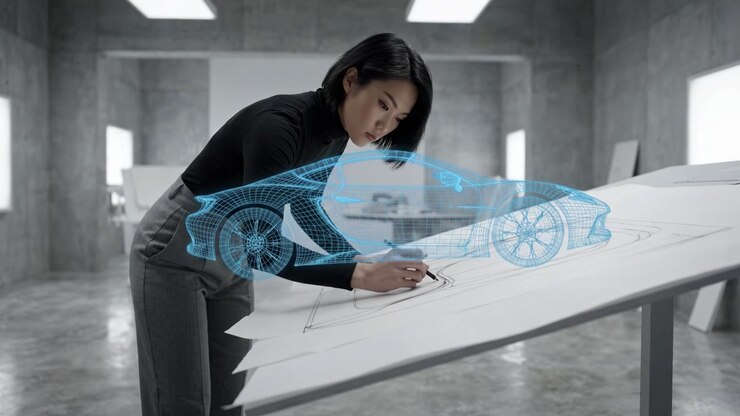 A Skilled Designer Creates Car Concepts: The Journey from Sketching to Detailed Blueprint in a Modern Design Studio Environment