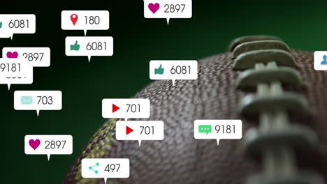 animation of changing numbers, icons in notification bars over close up of rugby ball