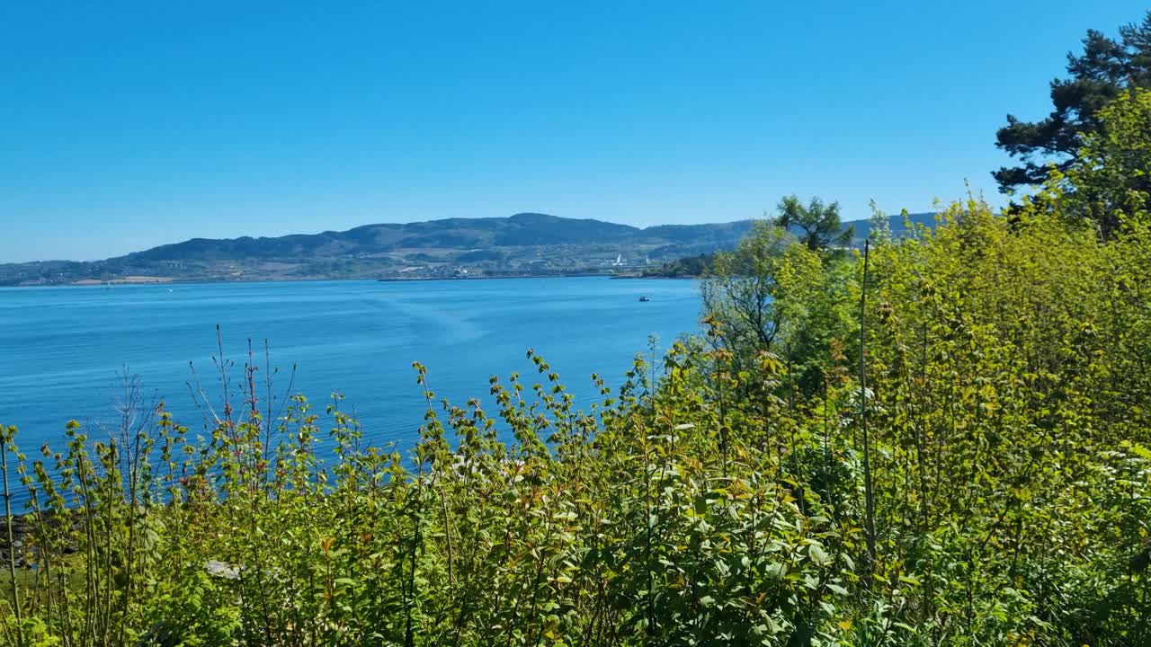 Panoramic view of the coastal landscape in Lade, Trondheim, on a sunny spring day, with calm blue fjord waters and blooming vegetation beneath a clear sky