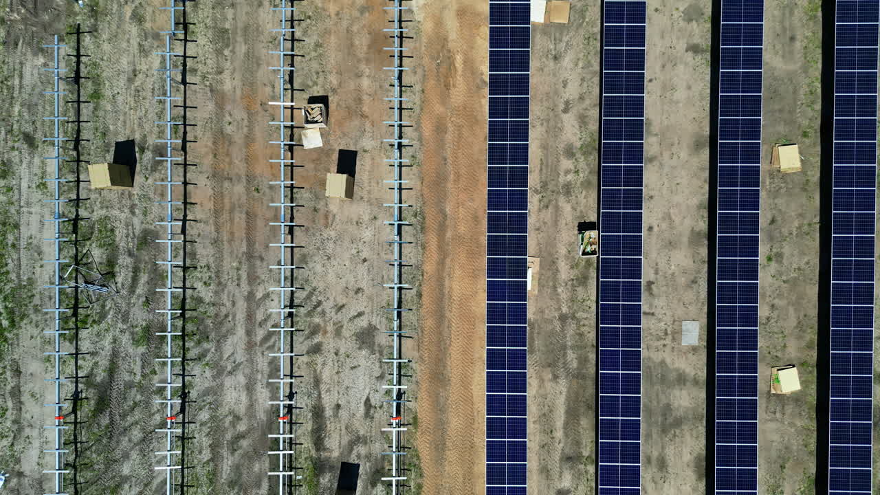 Frames for solar panel in construction process, aerial top down view