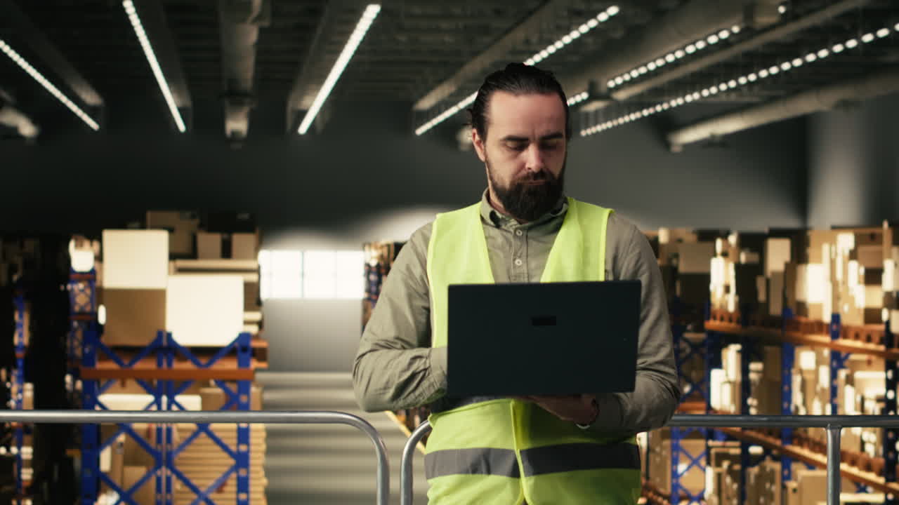 Magazziniere con giubbotto di sicurezza che usa il laptop per la gestione dell'inventario