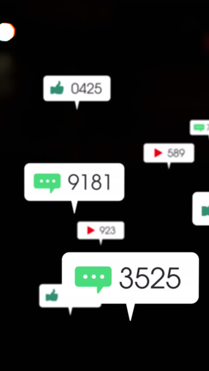 animación de iconos de redes sociales y números fuera de foco de la ciudad y las luces de los coches