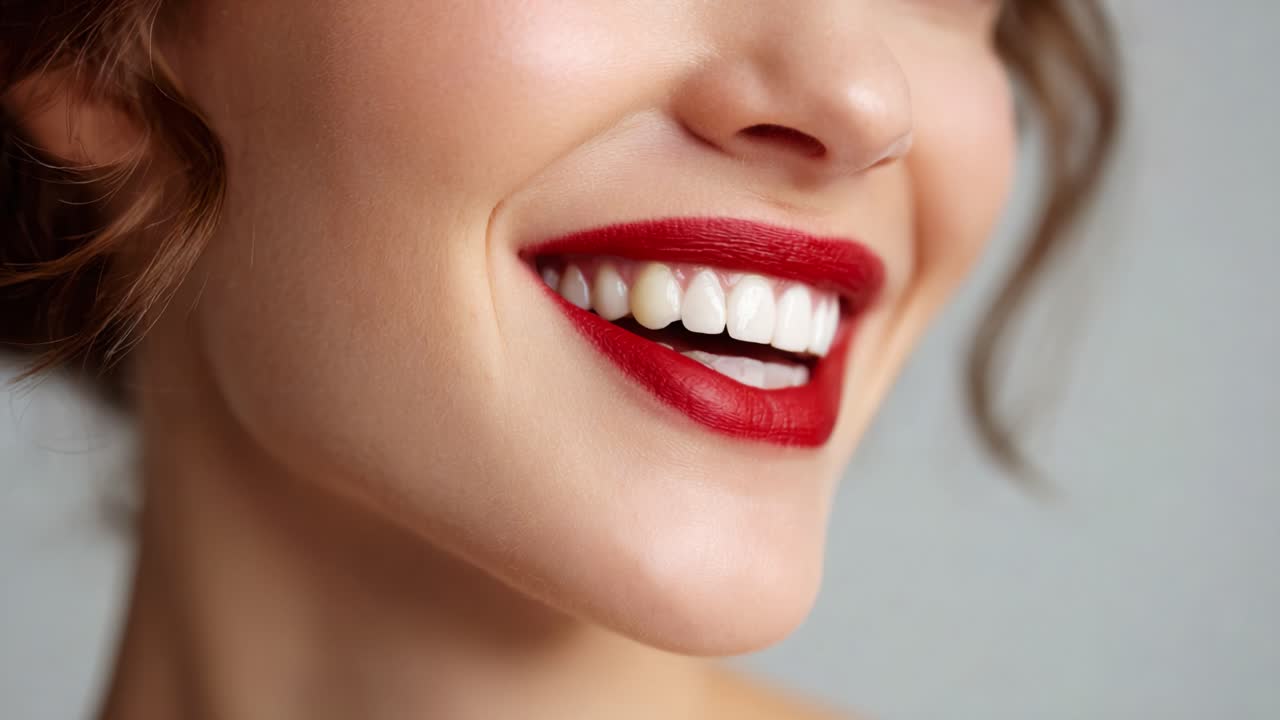 Sorriso accattivante: il fascino di una donna bellissima con pelle luminosa e rossetto rosso acceso, che mette in mostra sicurezza e fascino in un ritratto ravvicinato