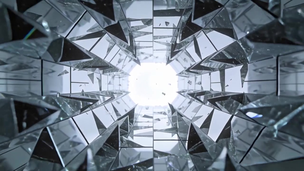 Camera rising crystal shaft revealing mirror panels and shards detaching toward bright square light