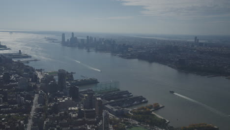 aerial view of new york city skyline and hudson river