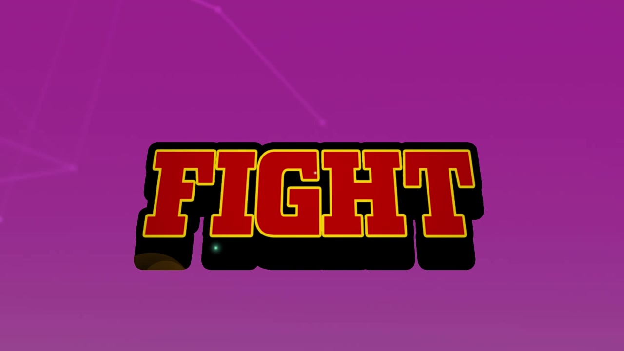 Animazione del testo "fight" che appare con un raggio di luce, fumetto su interfaccia di videogioco digitale viola.