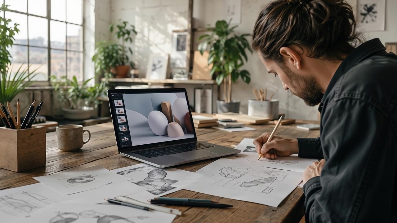 Designer uomo creativo che schizza concetti di prodotto su carta accanto a un laptop in uno studio luminoso
