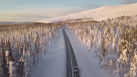 cars driving on a empty road surrounded by snowy trees in lapland finland