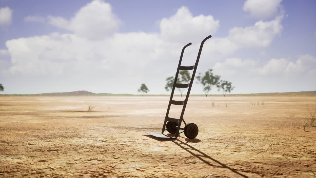 Lonely hand truck stands firm on the dry cracked earth below