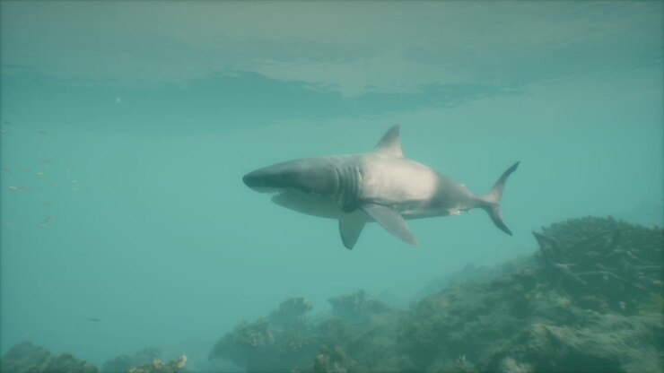 Great White Shark Swimming in a Coral Reef