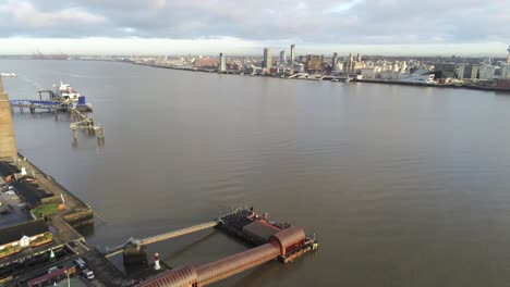 woodside ferry village terminal aerial view birkenhead liverpool harbour skyline descend pan left